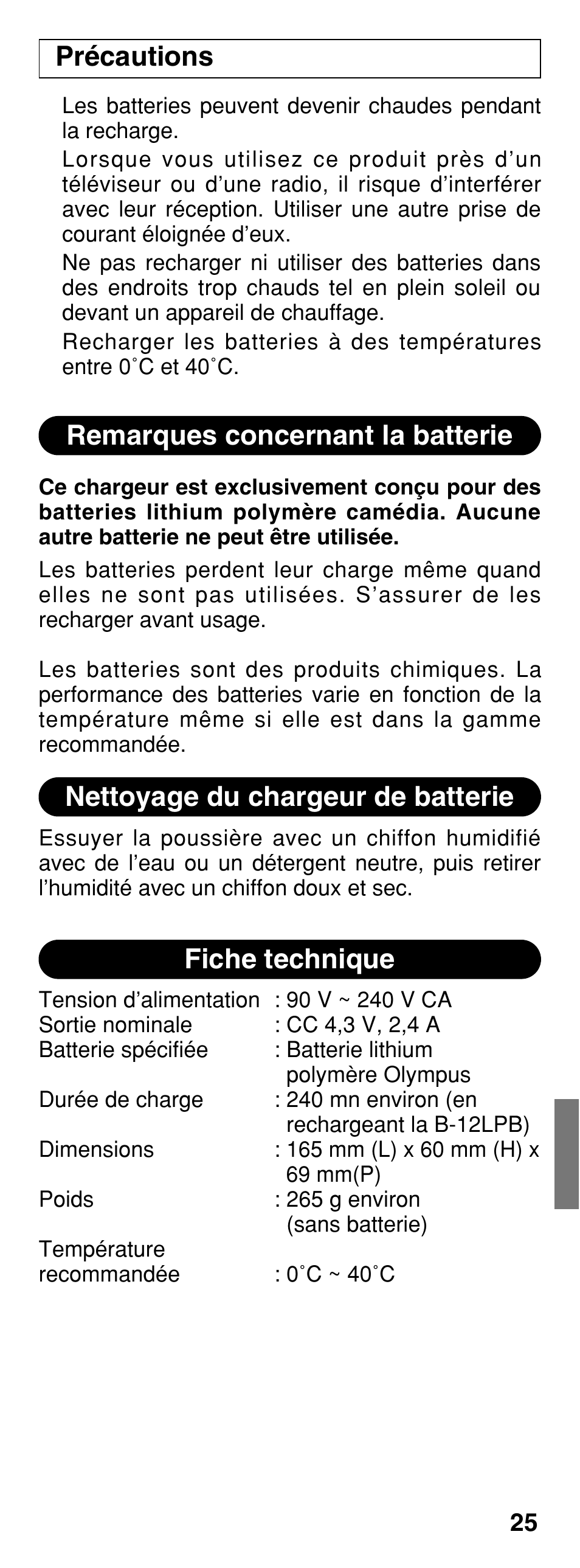 Remarques concernant la batterie fiche technique, Nettoyage du chargeur de batterie, Précautions | Olympus CAMEDIA B-20LPC User Manual | Page 25 / 40