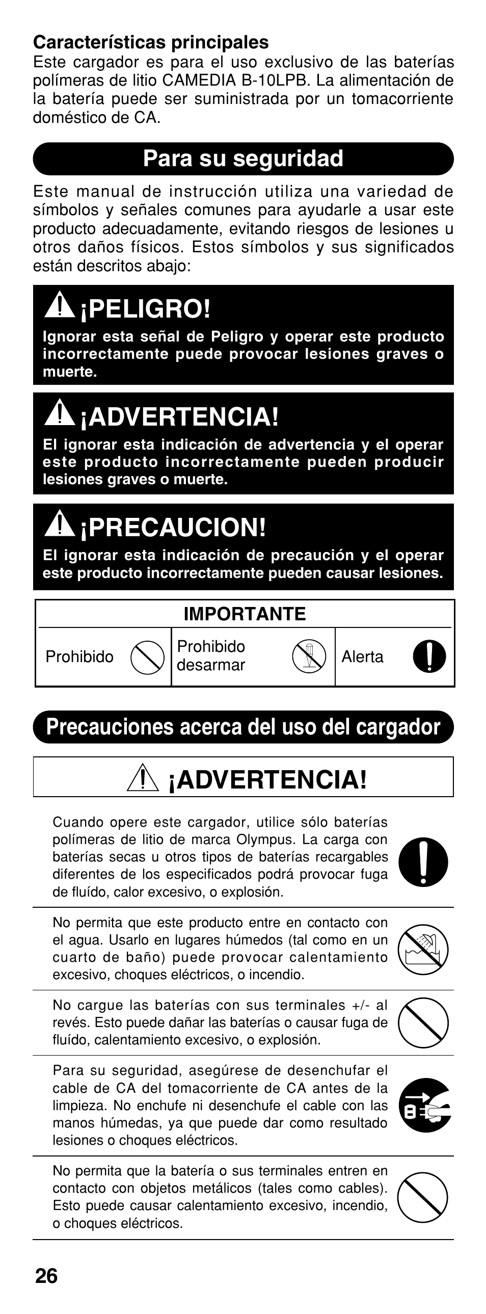 Peligro, Advertencia, Precaucion | Para su seguridad, Precauciones acerca del uso del cargador | Olympus CAMEDIA B-20LPC User Manual | Page 26 / 40