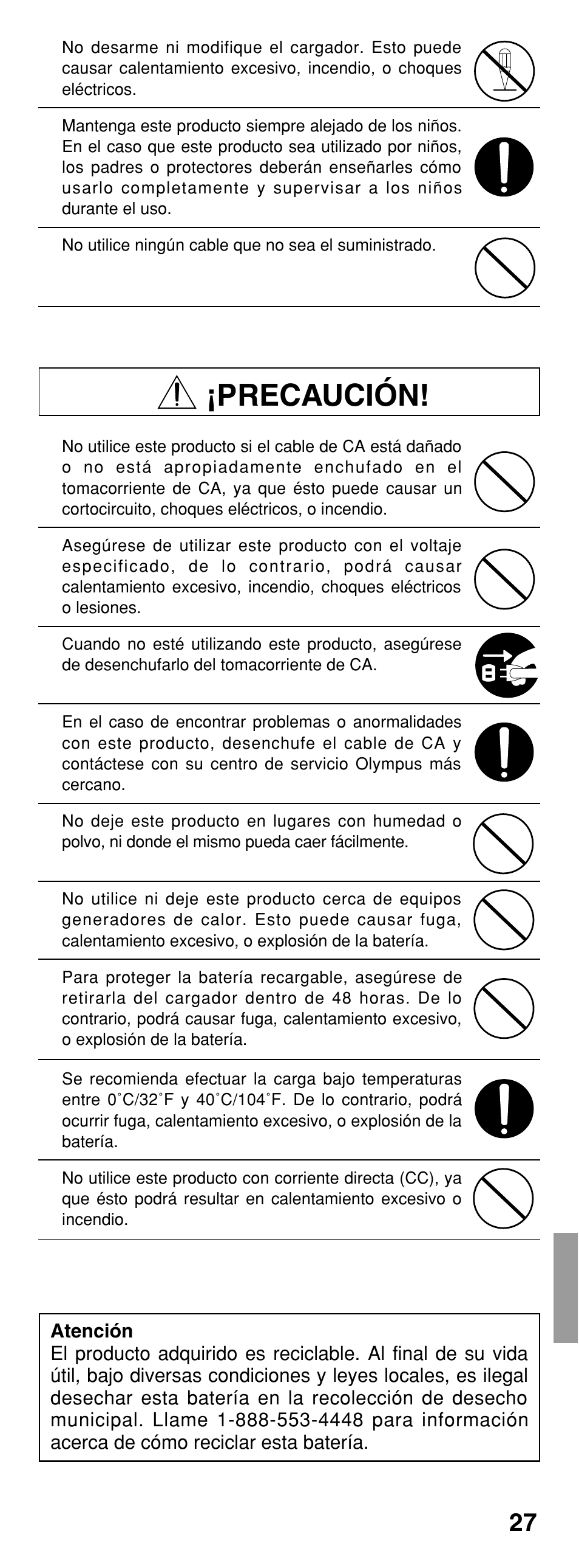 Precaución | Olympus CAMEDIA B-20LPC User Manual | Page 27 / 40