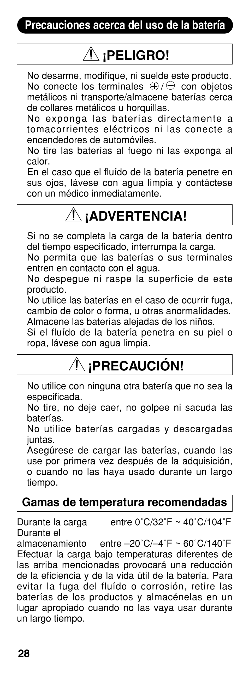 Peligro, Advertencia, Precaución | Olympus CAMEDIA B-20LPC User Manual | Page 28 / 40