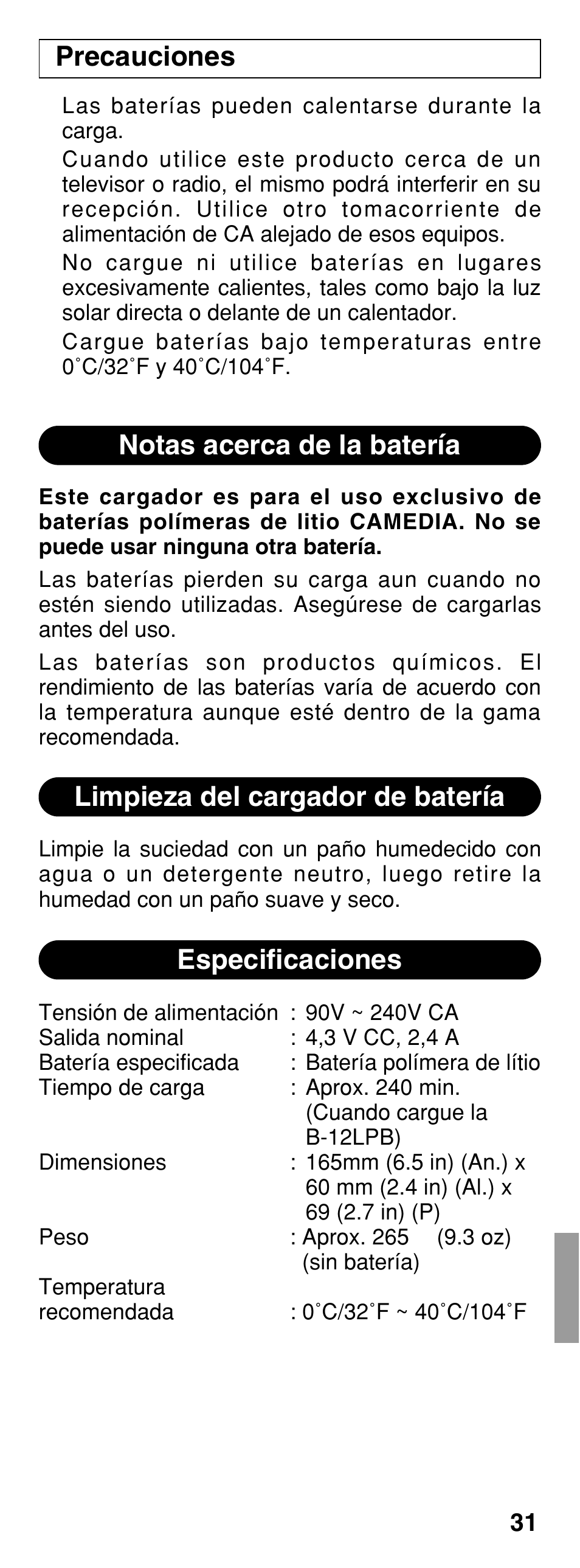 Notas acerca de la batería especificaciones, Limpieza del cargador de batería, Precauciones | Olympus CAMEDIA B-20LPC User Manual | Page 31 / 40