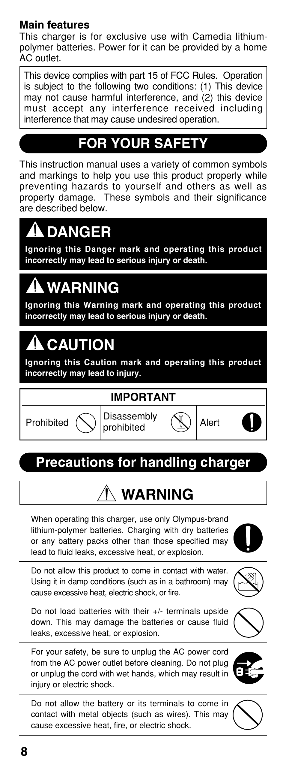 Danger, Warning, Caution | For your safety, Precautions for handling charger | Olympus CAMEDIA B-20LPC User Manual | Page 8 / 40