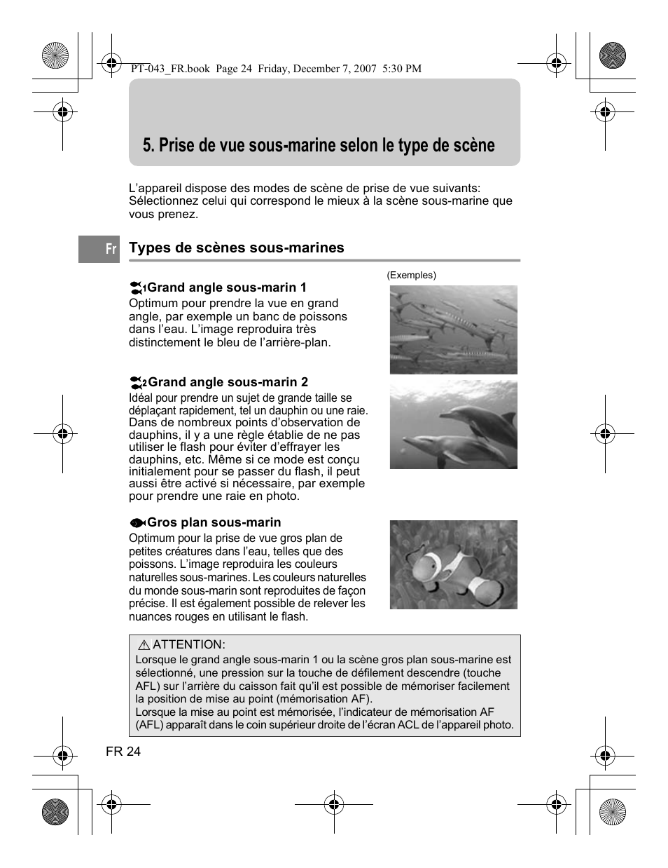 Prise de vue sous-marine selon le type de scène | Olympus PT-043 User Manual | Page 100 / 268