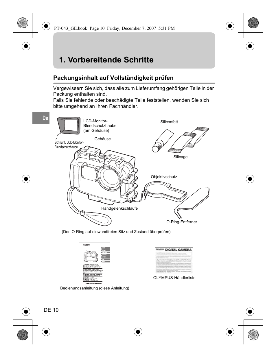 Vorbereitende schritte, Packungsinhalt auf vollständigkeit prüfen | Olympus PT-043 User Manual | Page 124 / 268