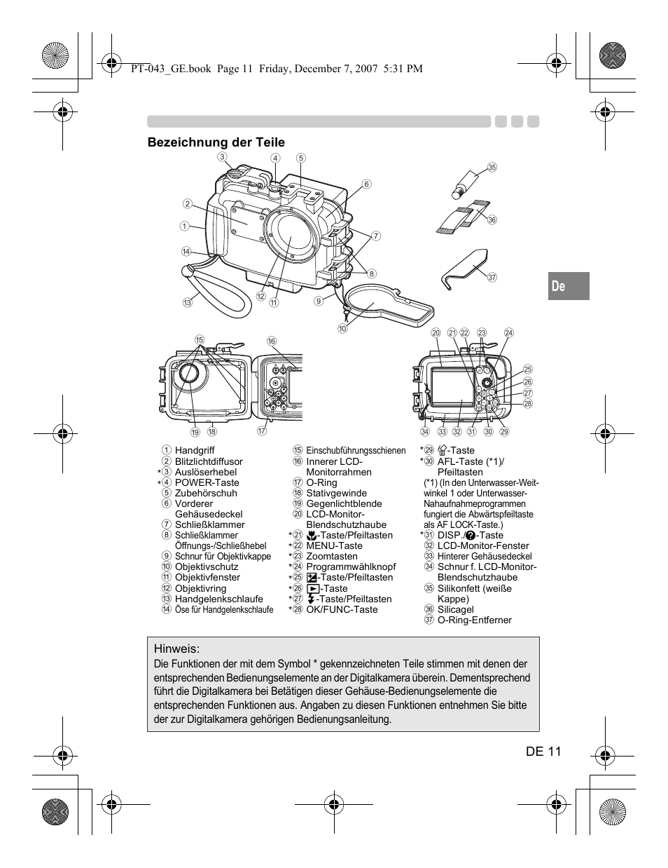 De 11, Bezeichnung der teile, Hinweis | Olympus PT-043 User Manual | Page 125 / 268