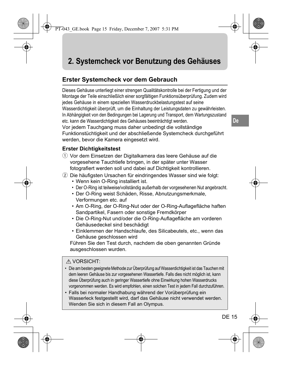 Systemcheck vor benutzung des gehäuses | Olympus PT-043 User Manual | Page 129 / 268