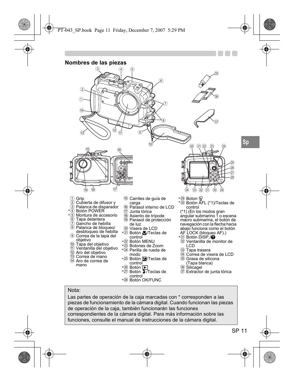 Sp 11, Nombres de las piezas, Nota | Olympus PT-043 User Manual | Page 163 / 268