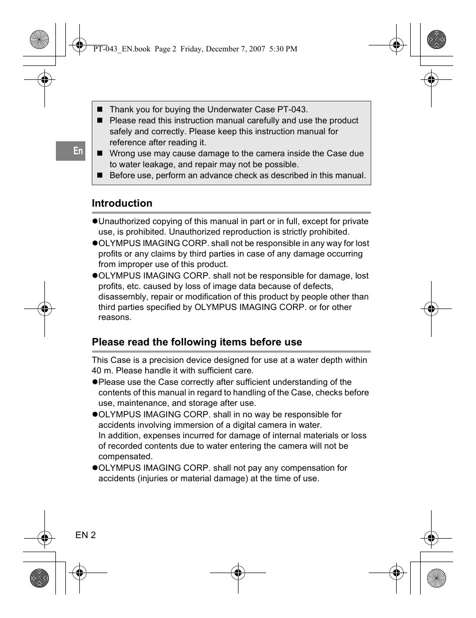 English, Introduction, Please read the following items before use | Olympus PT-043 User Manual | Page 40 / 268