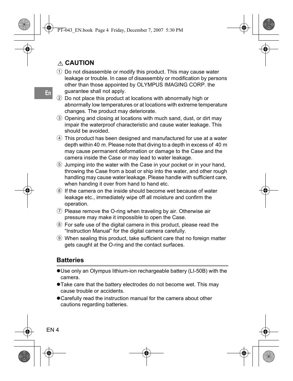 Batteries | Olympus PT-043 User Manual | Page 42 / 268