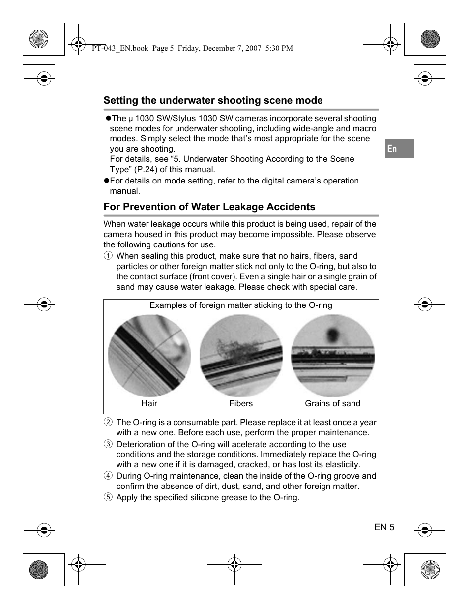 Setting the underwater shooting scene mode, For prevention of water leakage accidents | Olympus PT-043 User Manual | Page 43 / 268