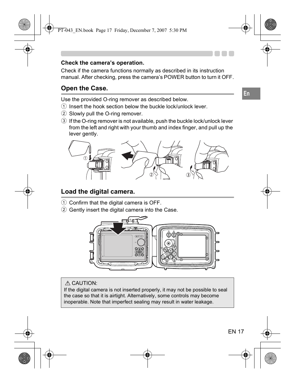 Open the case, Load the digital camera | Olympus PT-043 User Manual | Page 55 / 268