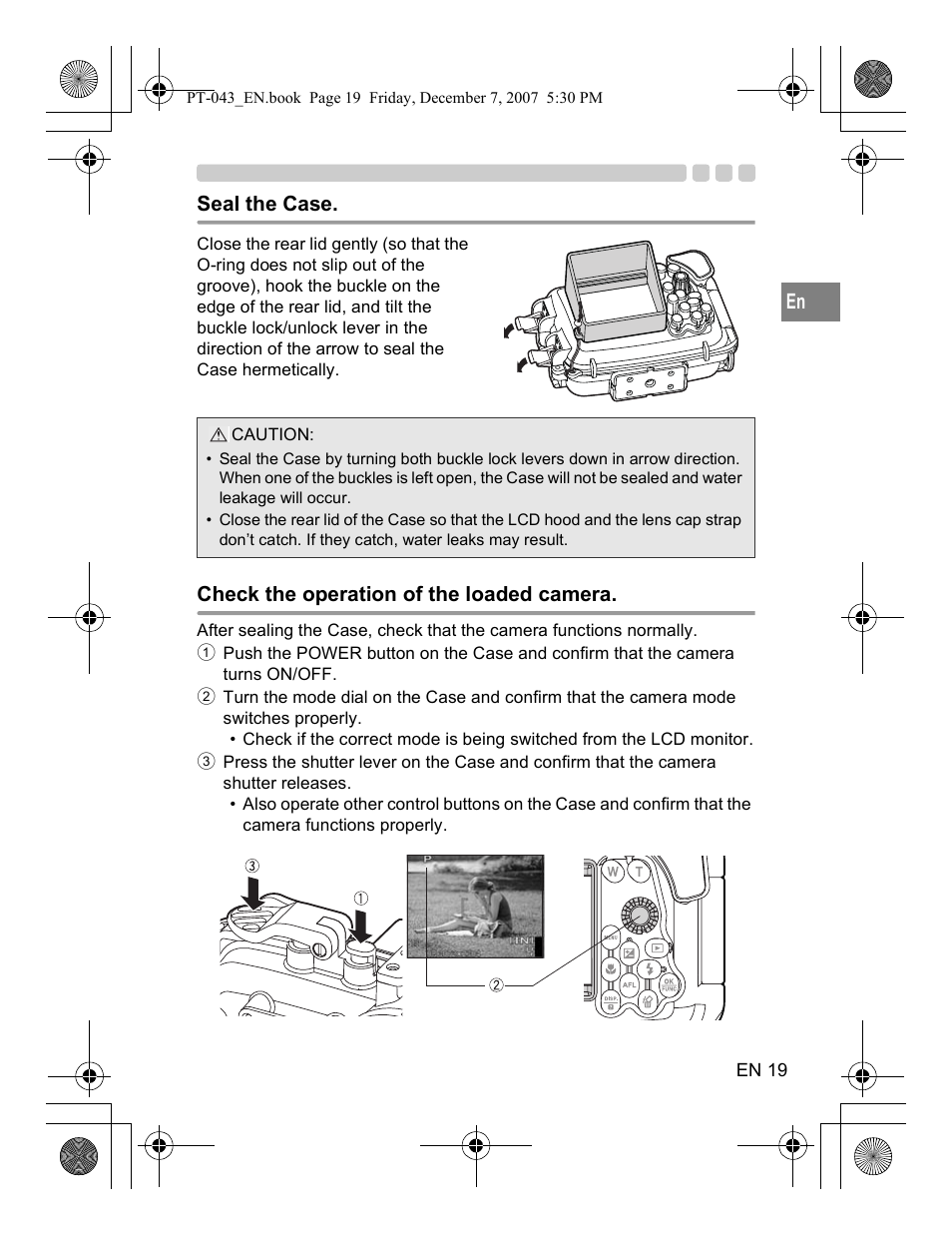 Seal the case, Check the operation of the loaded camera | Olympus PT-043 User Manual | Page 57 / 268
