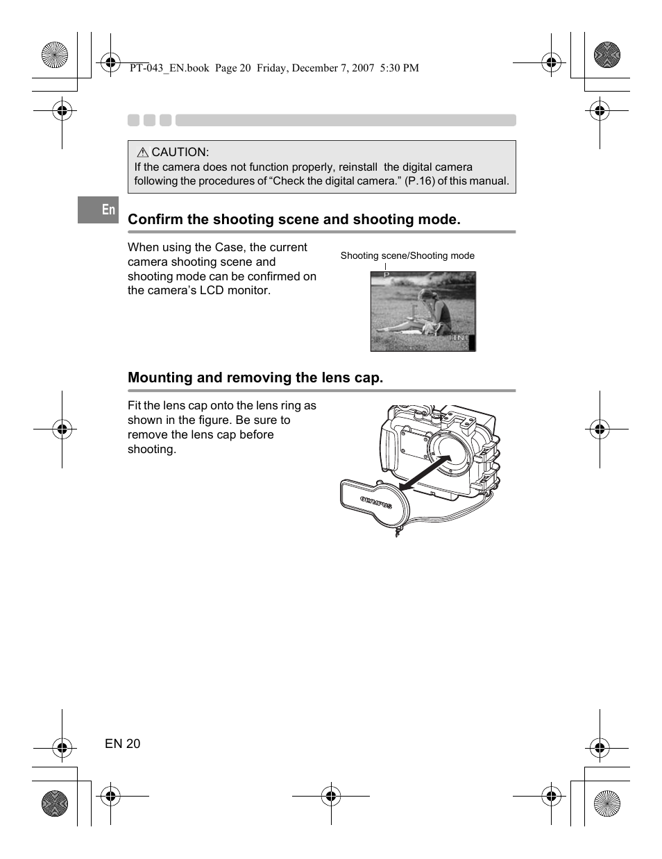 Confirm the shooting scene and shooting mode, Mounting and removing the lens cap | Olympus PT-043 User Manual | Page 58 / 268