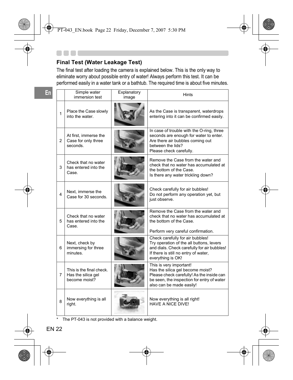 En 22, Final test (water leakage test) | Olympus PT-043 User Manual | Page 60 / 268
