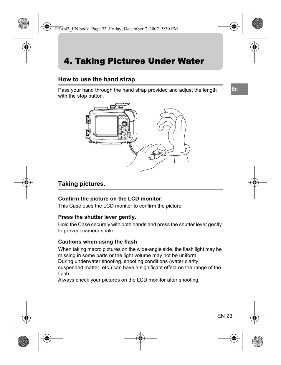 Taking pictures under water, How to use the hand strap, Taking pictures | Olympus PT-043 User Manual | Page 61 / 268