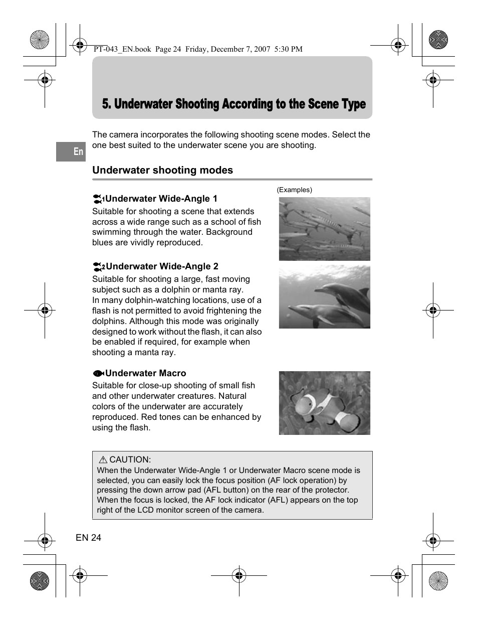 Underwater shooting according to the scene type, Underwater shooting modes | Olympus PT-043 User Manual | Page 62 / 268