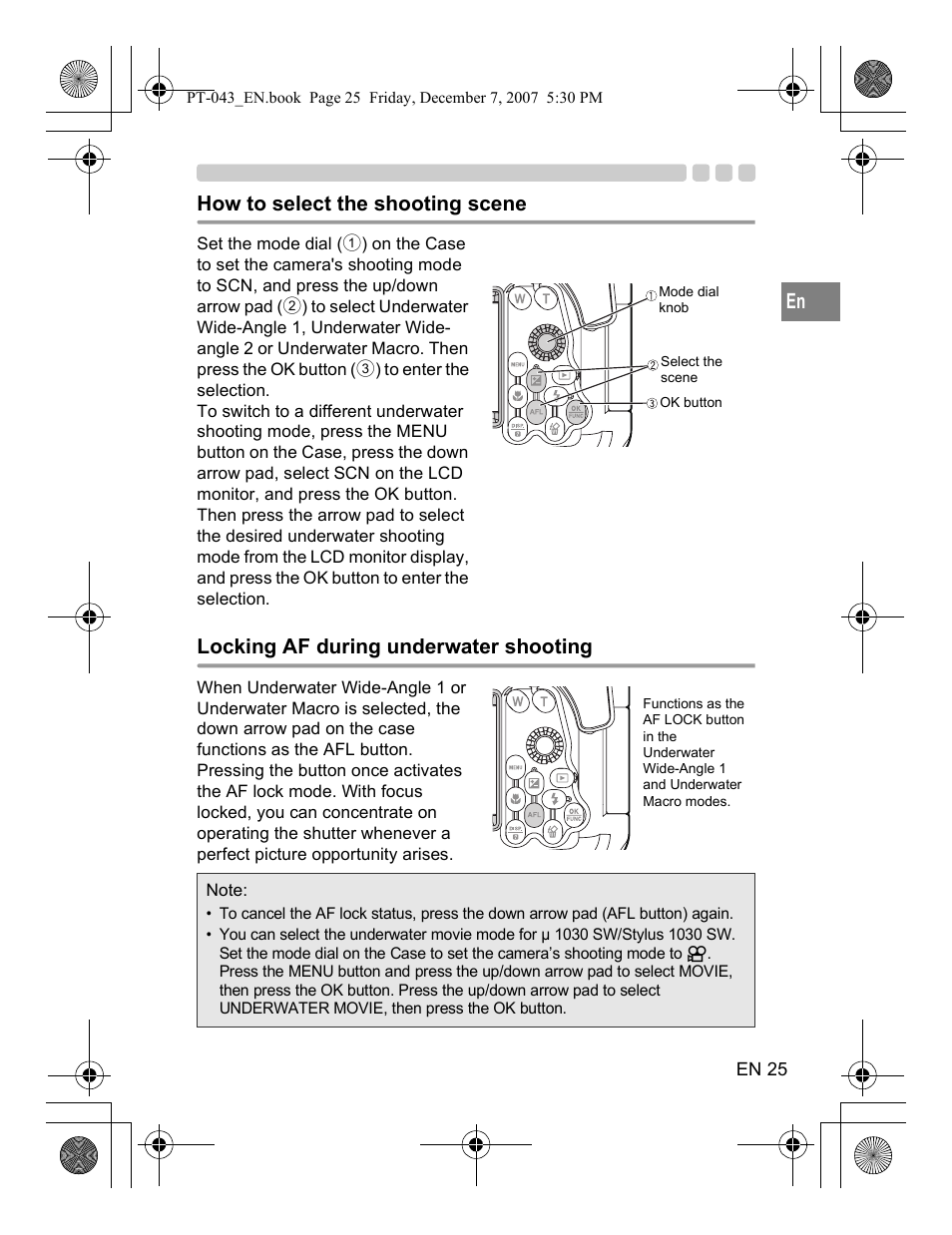How to select the shooting scene, Locking af during underwater shooting | Olympus PT-043 User Manual | Page 63 / 268