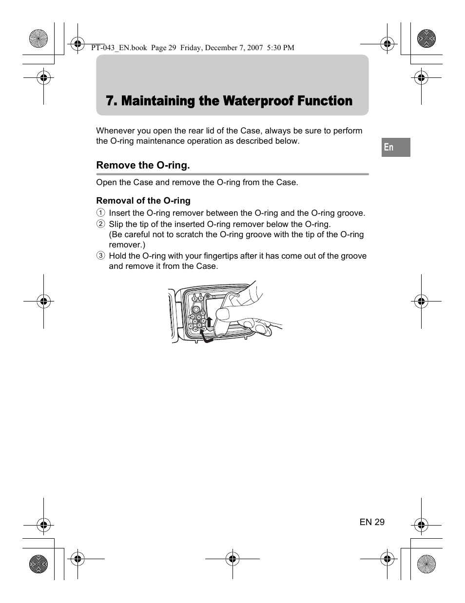 Maintaining the waterproof function, Remove the o-ring | Olympus PT-043 User Manual | Page 67 / 268
