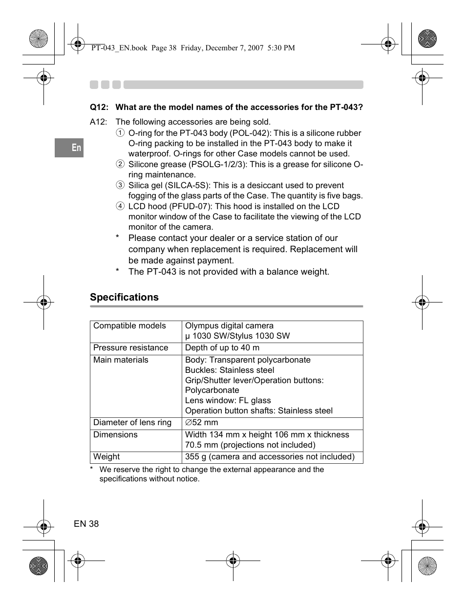 Specifications | Olympus PT-043 User Manual | Page 76 / 268