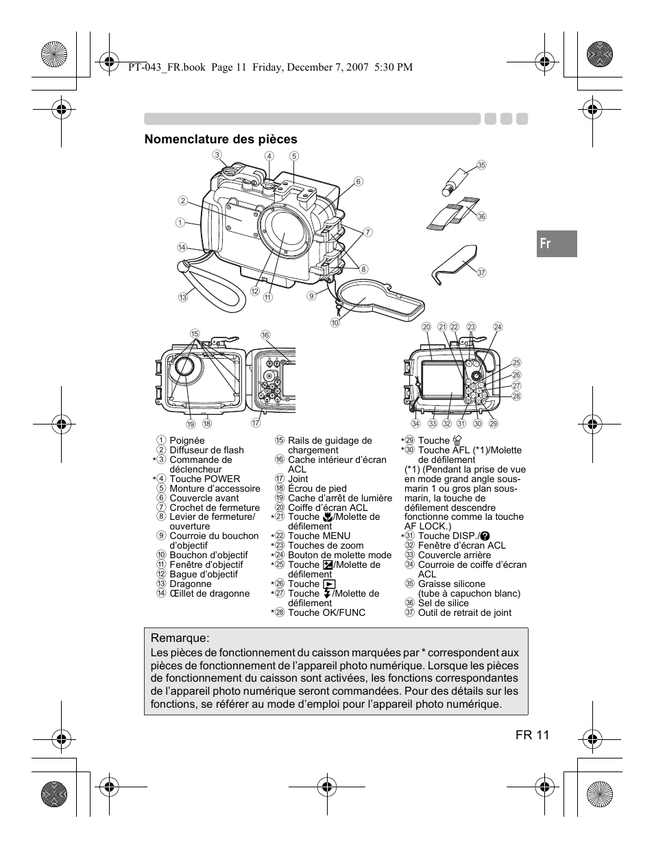 Fr 11, Nomenclature des pièces, Remarque | Olympus PT-043 User Manual | Page 87 / 268