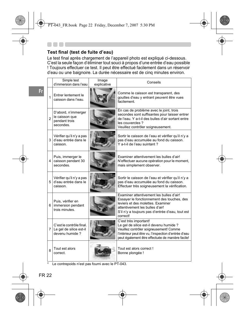 Fr 22, Test final (test de fuite d’eau) | Olympus PT-043 User Manual | Page 98 / 268