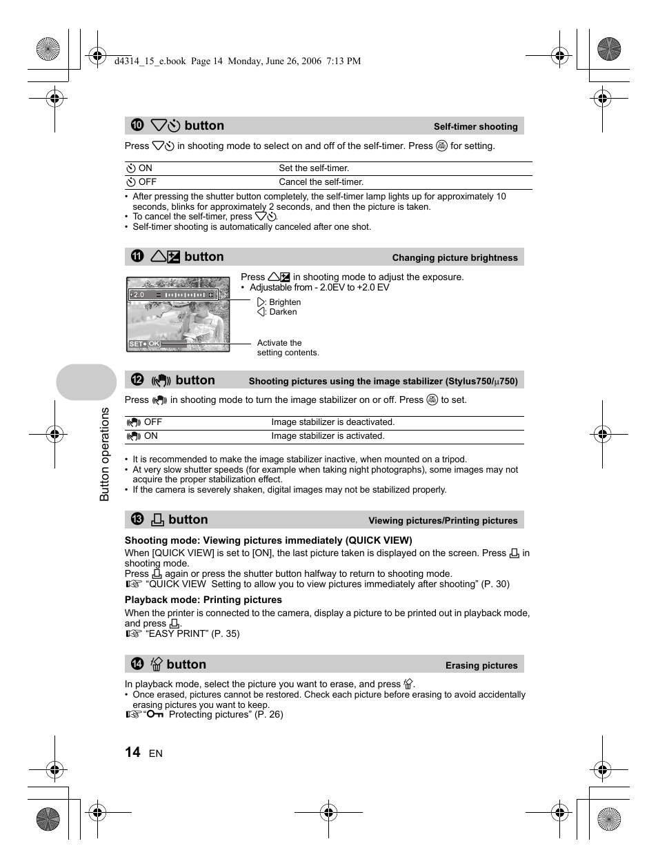 02y button, A1f button, Bh button | C< button, Ds button, Button operations | Olympus Stylus 750 User Manual | Page 14 / 80