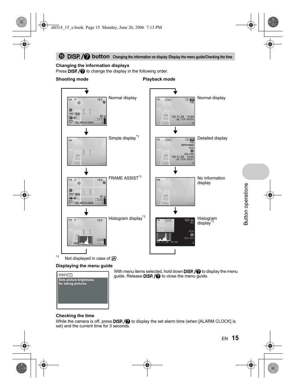 E button, Button operations, Changing the information displays | Displaying the menu guide, Checking the time, Shooting mode, Playback mode | Olympus Stylus 750 User Manual | Page 15 / 80