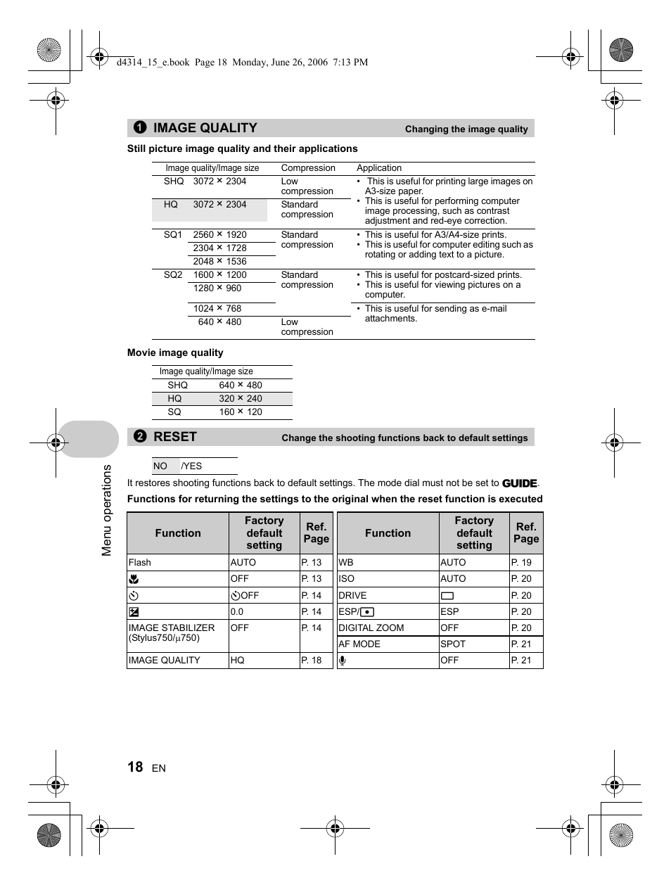 1image quality, 2reset | Olympus Stylus 750 User Manual | Page 18 / 80