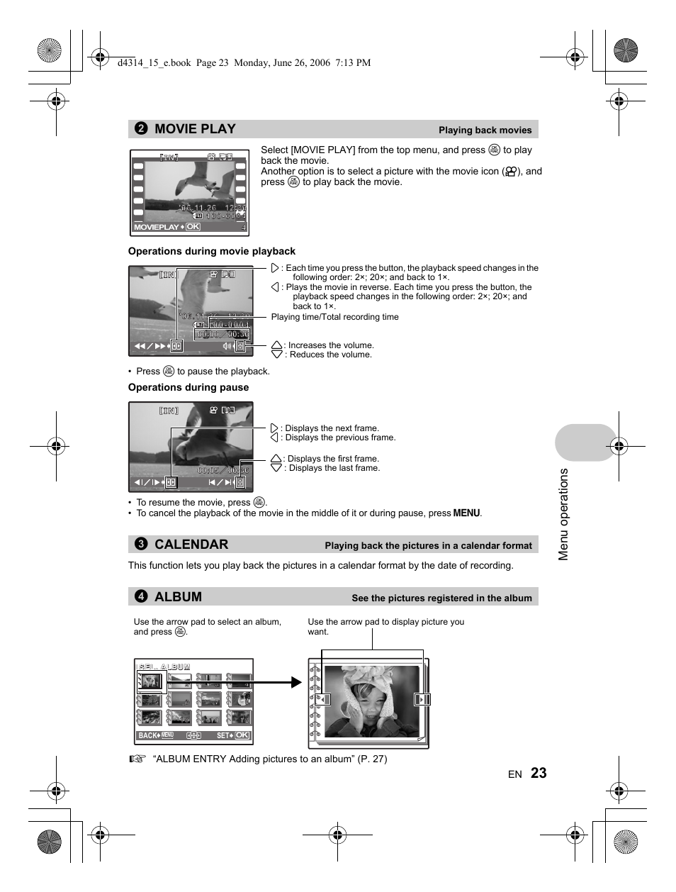 2movie play, 3calendar, 4album | Menu operations | Olympus Stylus 750 User Manual | Page 23 / 80