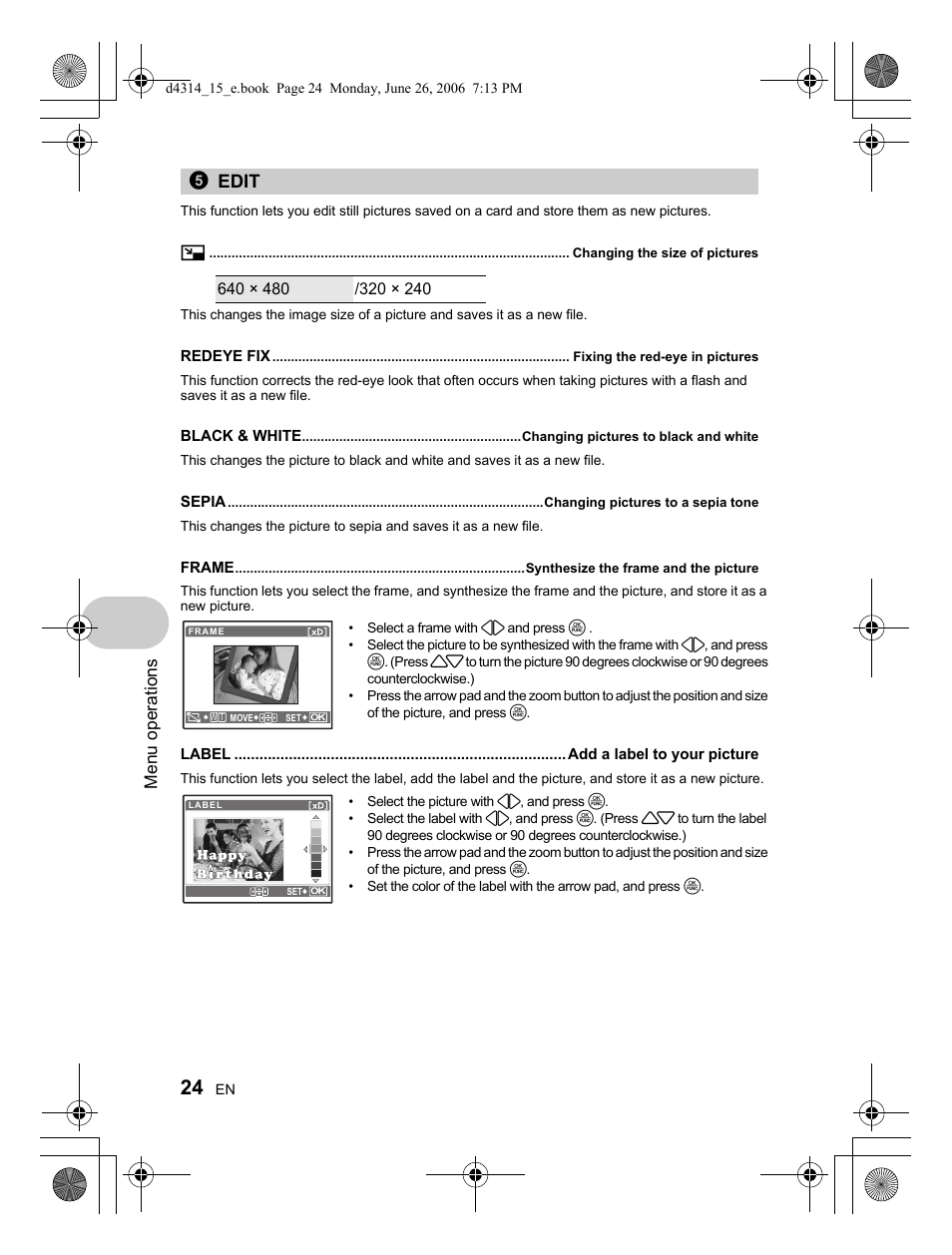 5edit, Menu operations | Olympus Stylus 750 User Manual | Page 24 / 80