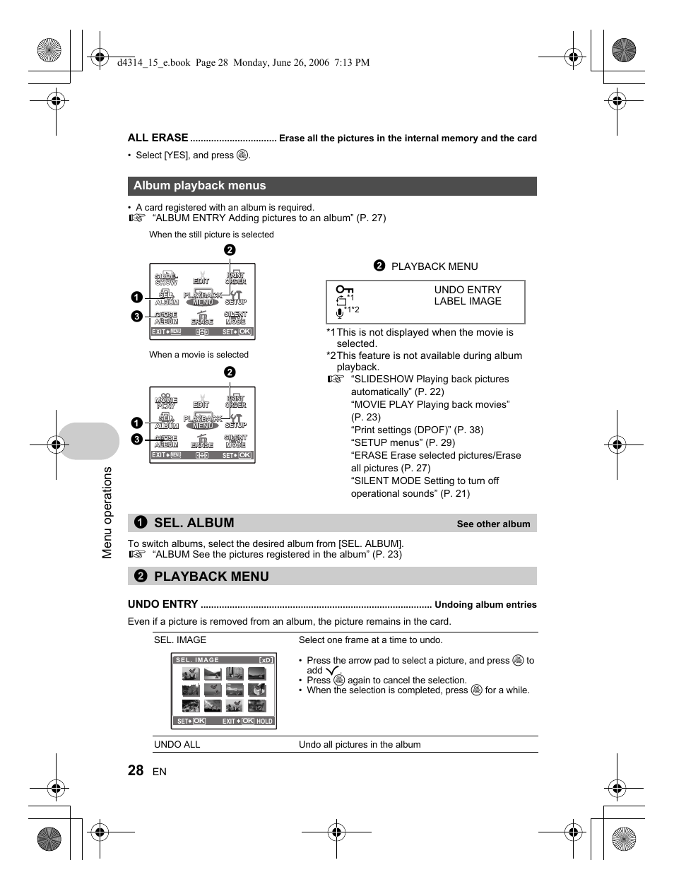 1sel. album, 2playback menu, Menu operations | Album playback menus, All erase, Undo entry | Olympus Stylus 750 User Manual | Page 28 / 80