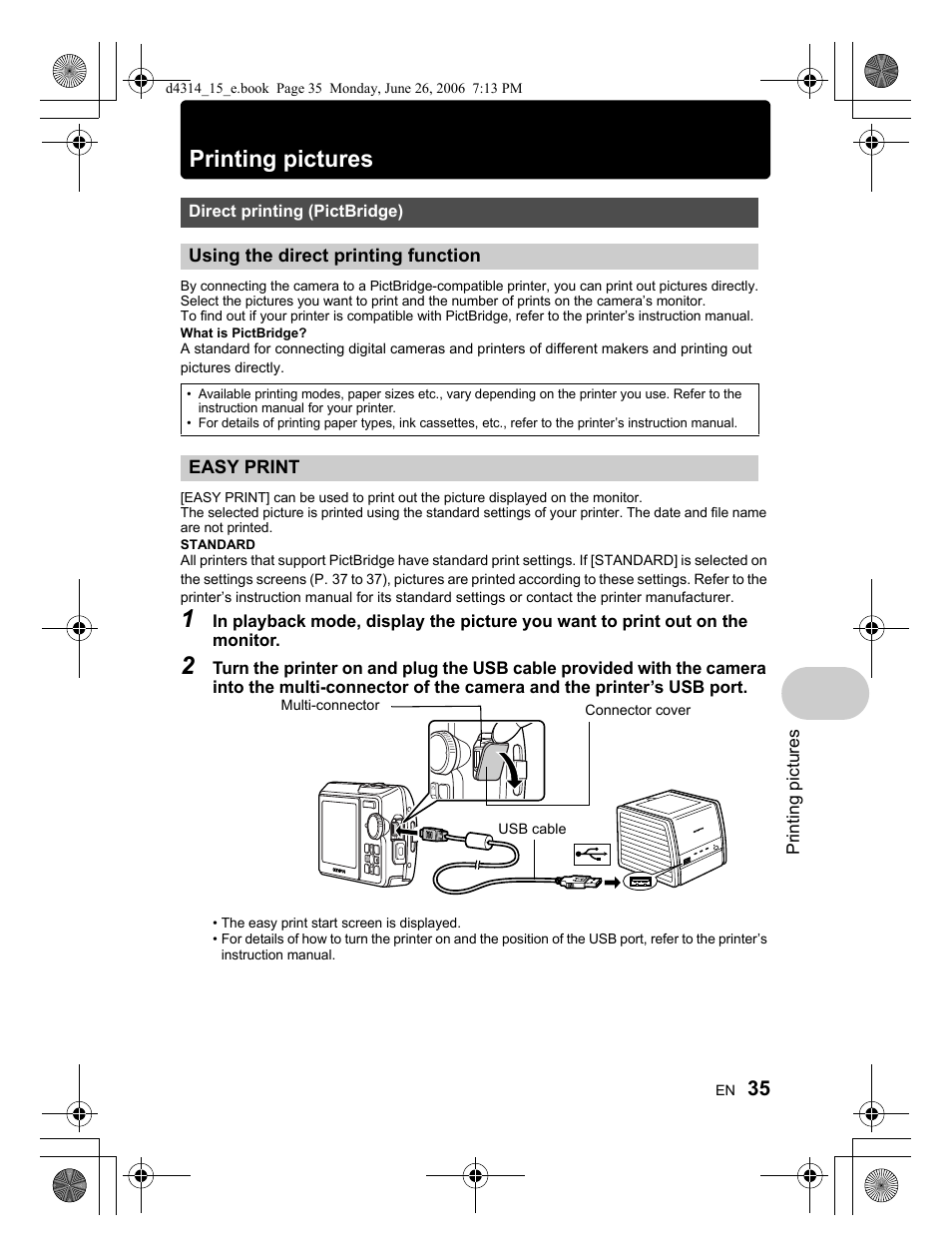 Printing pictures | Olympus Stylus 750 User Manual | Page 35 / 80