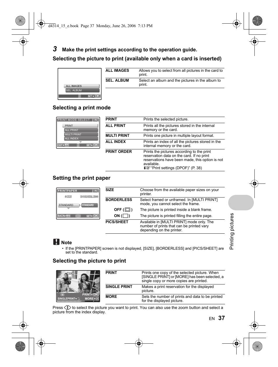 Printing pictures | Olympus Stylus 750 User Manual | Page 37 / 80