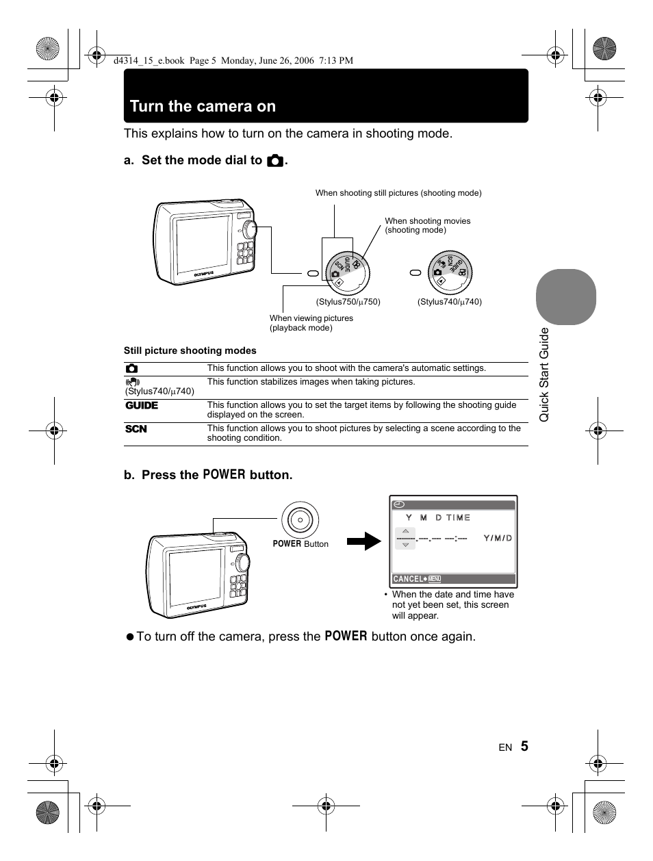 Turn the camera on | Olympus Stylus 750 User Manual | Page 5 / 80