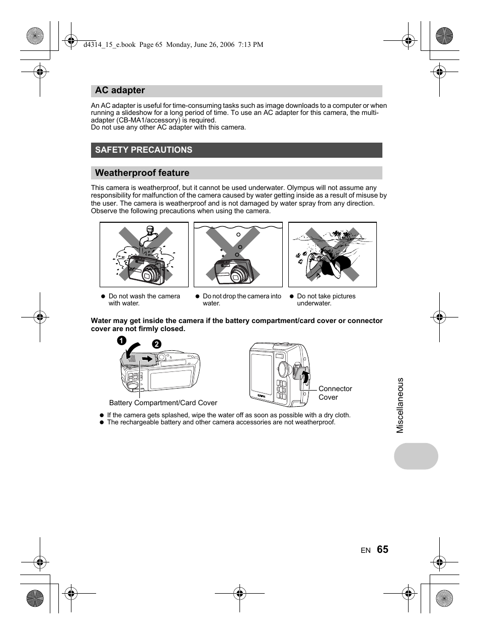 Ac adapter, Weatherproof feature | Olympus Stylus 750 User Manual | Page 65 / 80