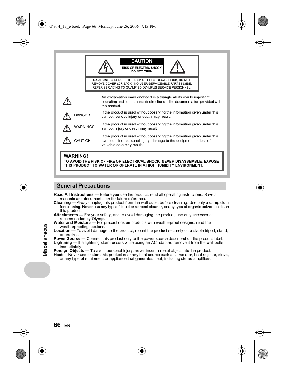 General precautions, Miscellaneous | Olympus Stylus 750 User Manual | Page 66 / 80