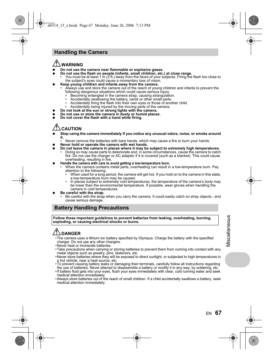 Handling the camera battery handling precautions, Miscellaneous | Olympus Stylus 750 User Manual | Page 67 / 80