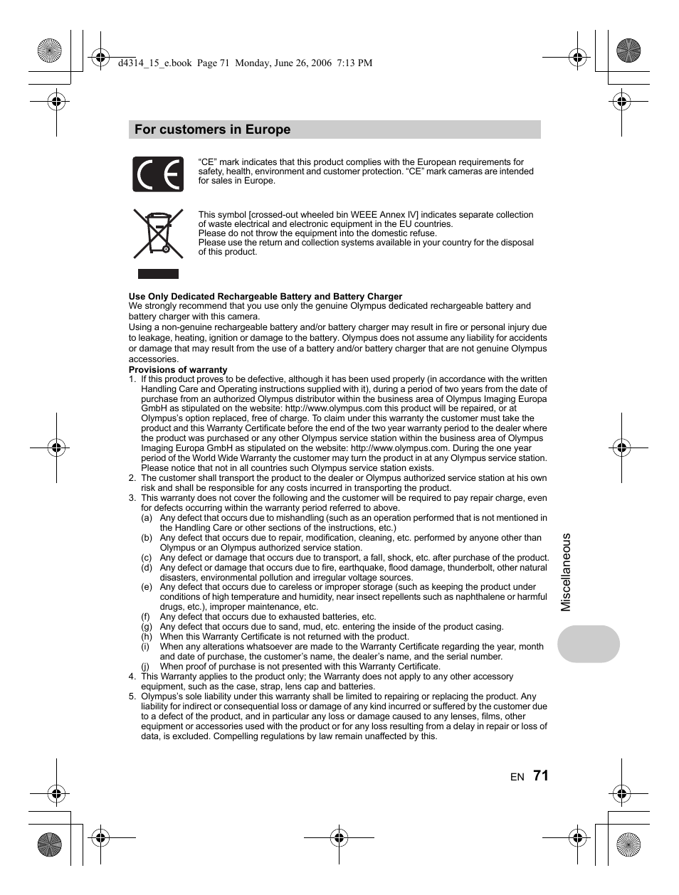 For customers in europe, Miscellaneous | Olympus Stylus 750 User Manual | Page 71 / 80