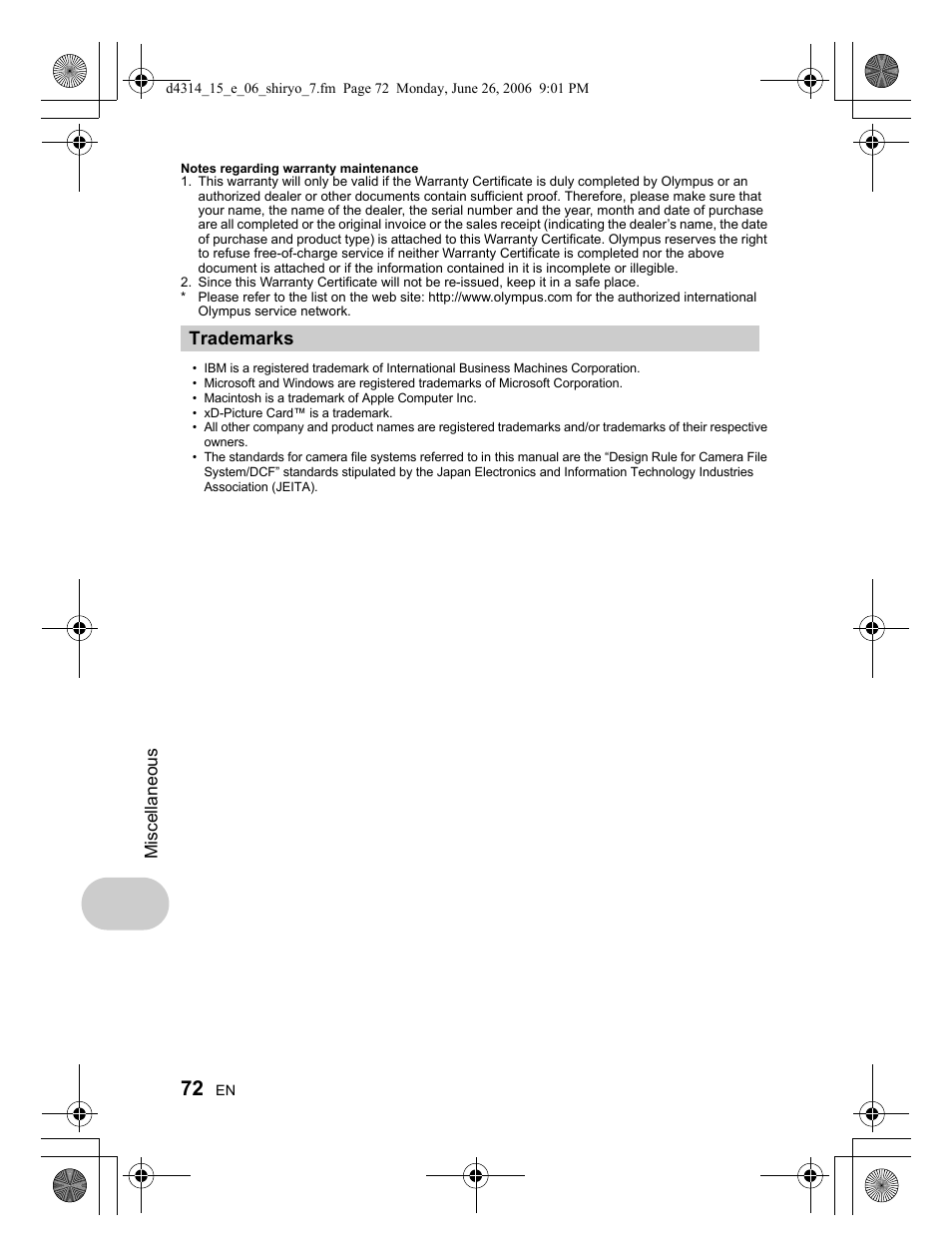 Trademarks | Olympus Stylus 750 User Manual | Page 72 / 80