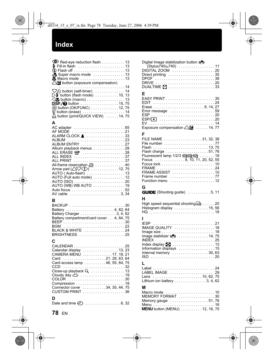 Index | Olympus Stylus 750 User Manual | Page 78 / 80