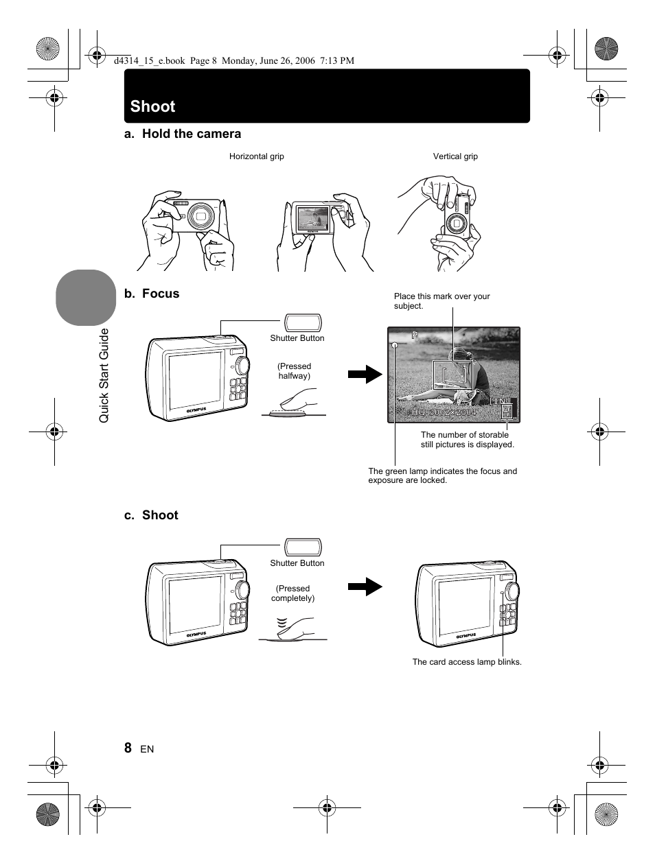 Shoot, A. hold the camera c. shoot, B. focus | Olympus Stylus 750 User Manual | Page 8 / 80