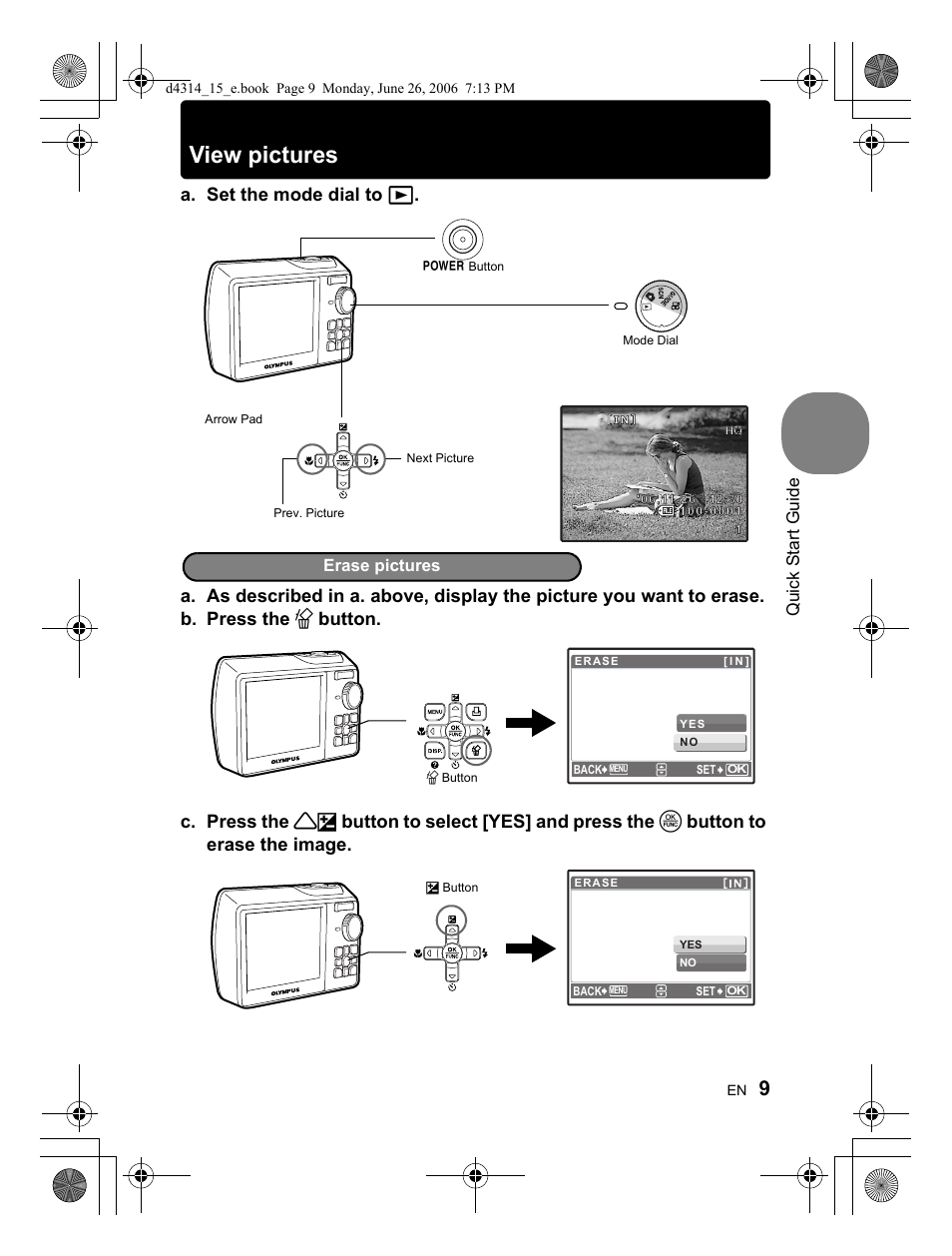 View pictures, Quick start guide, Erase pictures | Olympus Stylus 750 User Manual | Page 9 / 80