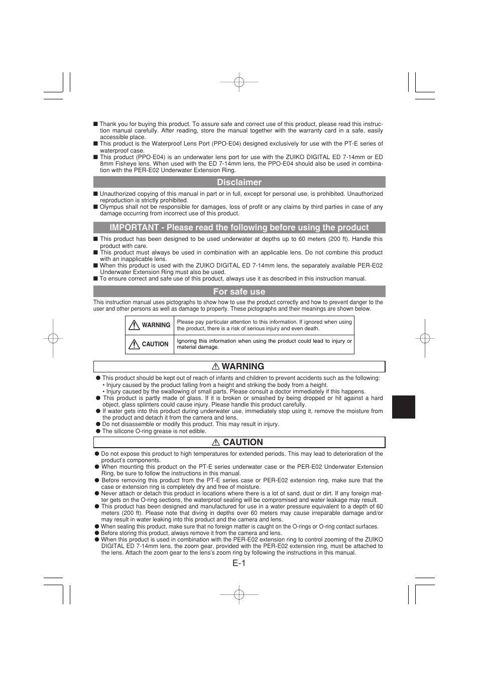 E-1 warning disclaimer, For safe use, Caution | Olympus PPO-E04 User Manual | Page 13 / 80