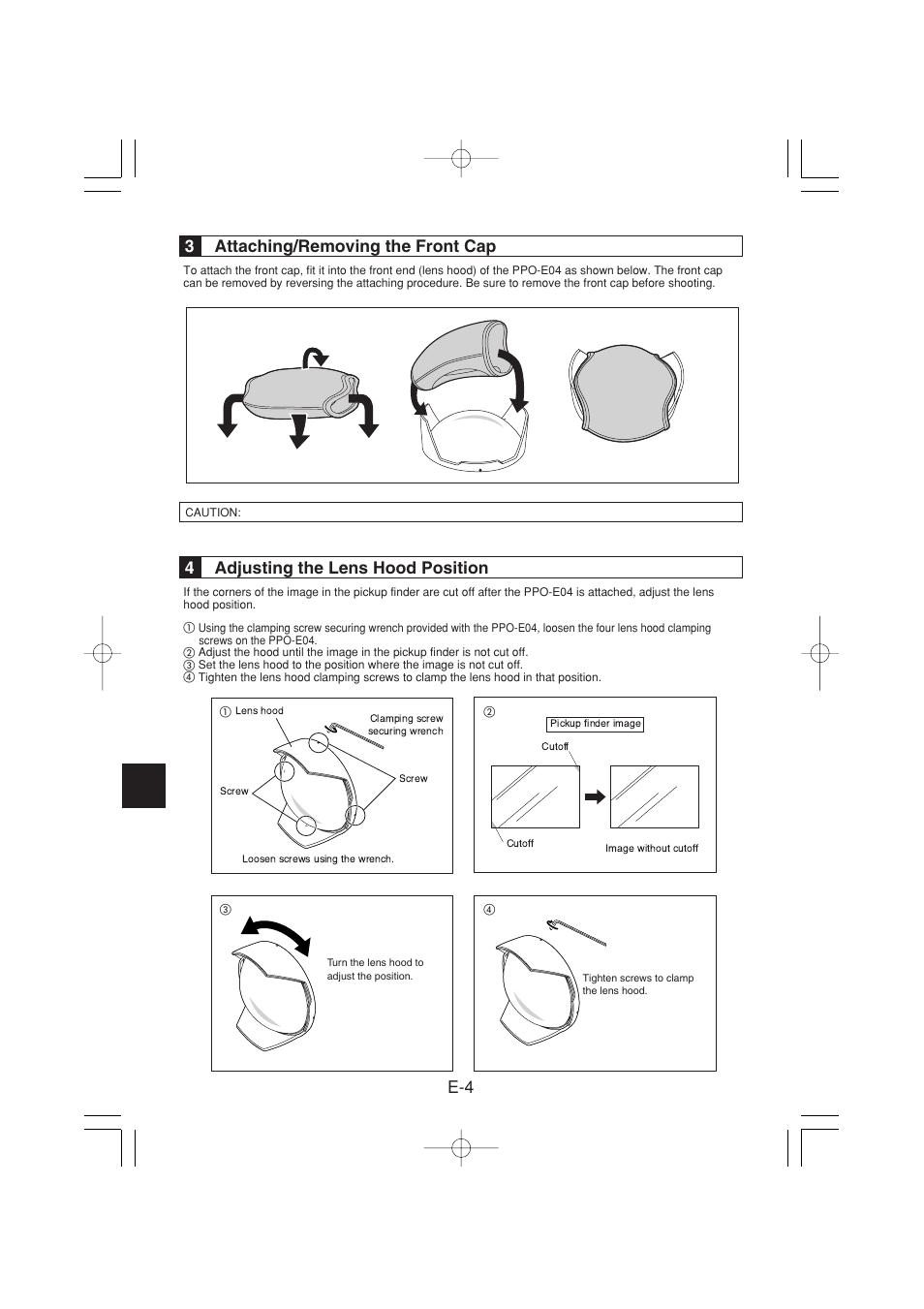 E-4 3 attaching/removing the front cap, 4adjusting the lens hood position | Olympus PPO-E04 User Manual | Page 16 / 80