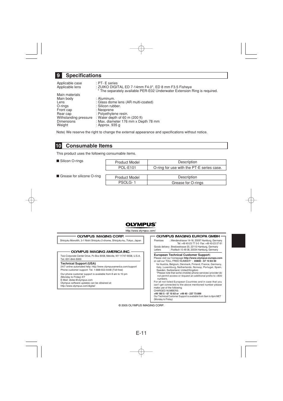 E-11, 9specifications, 10 consumable items | Olympus PPO-E04 User Manual | Page 23 / 80