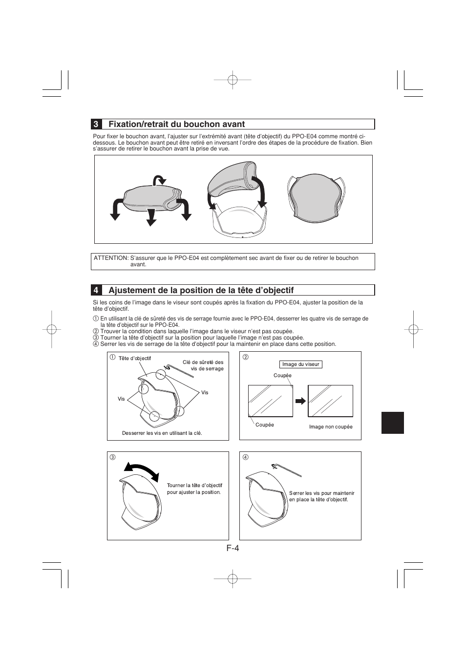 F-4 3 fixation/retrait du bouchon avant, 4ajustement de la position de la tête d’objectif | Olympus PPO-E04 User Manual | Page 27 / 80