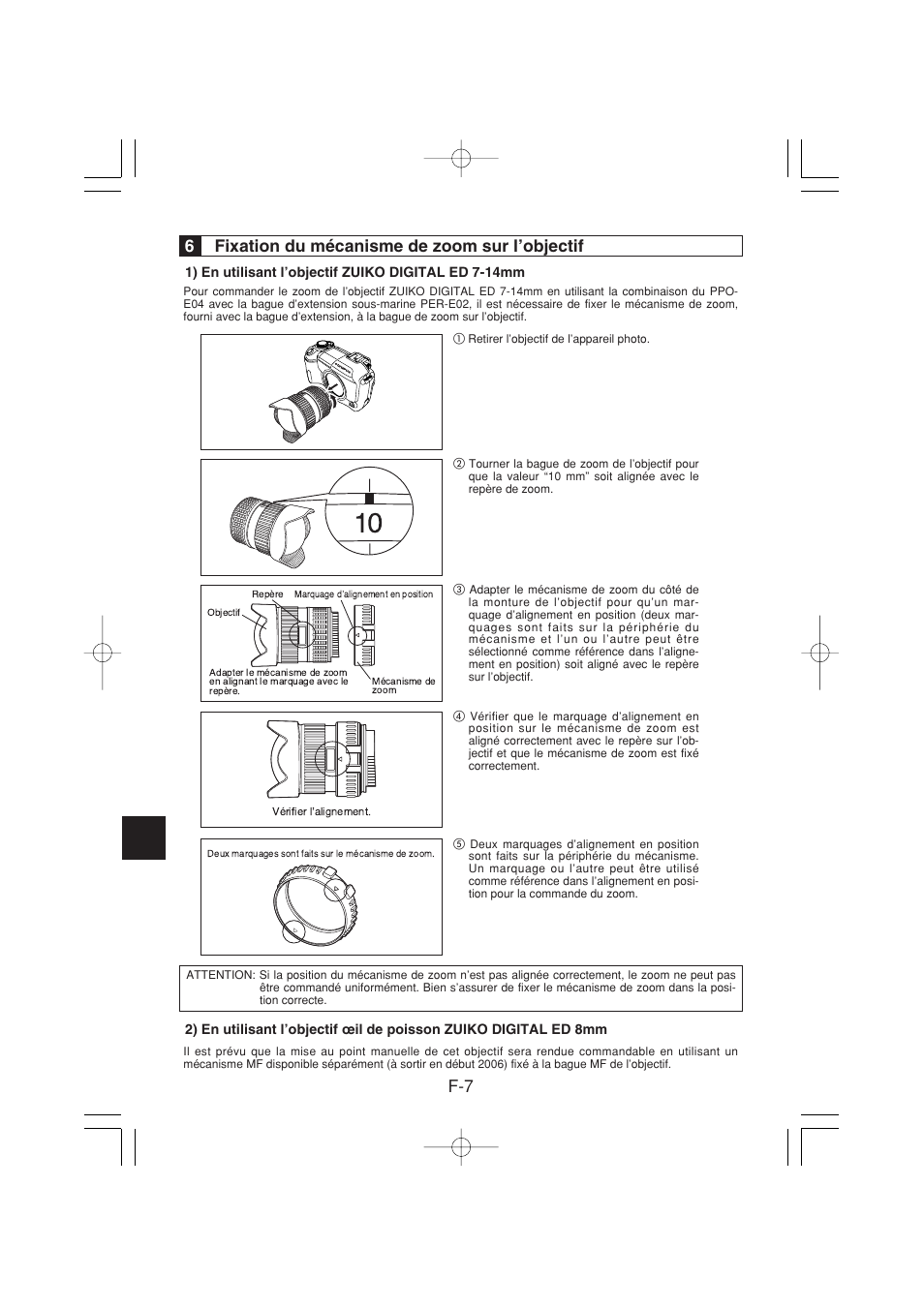 F-7 6 fixation du mécanisme de zoom sur l’objectif | Olympus PPO-E04 User Manual | Page 30 / 80