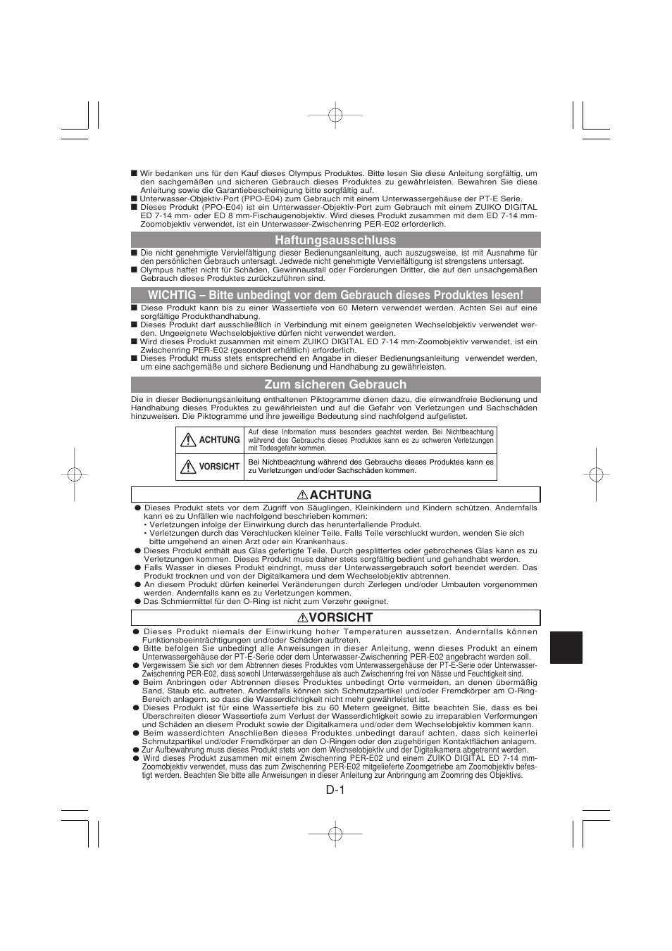 Vorsicht d-1 haftungsausschluss, Zum sicheren gebrauch, Achtung | Olympus PPO-E04 User Manual | Page 35 / 80