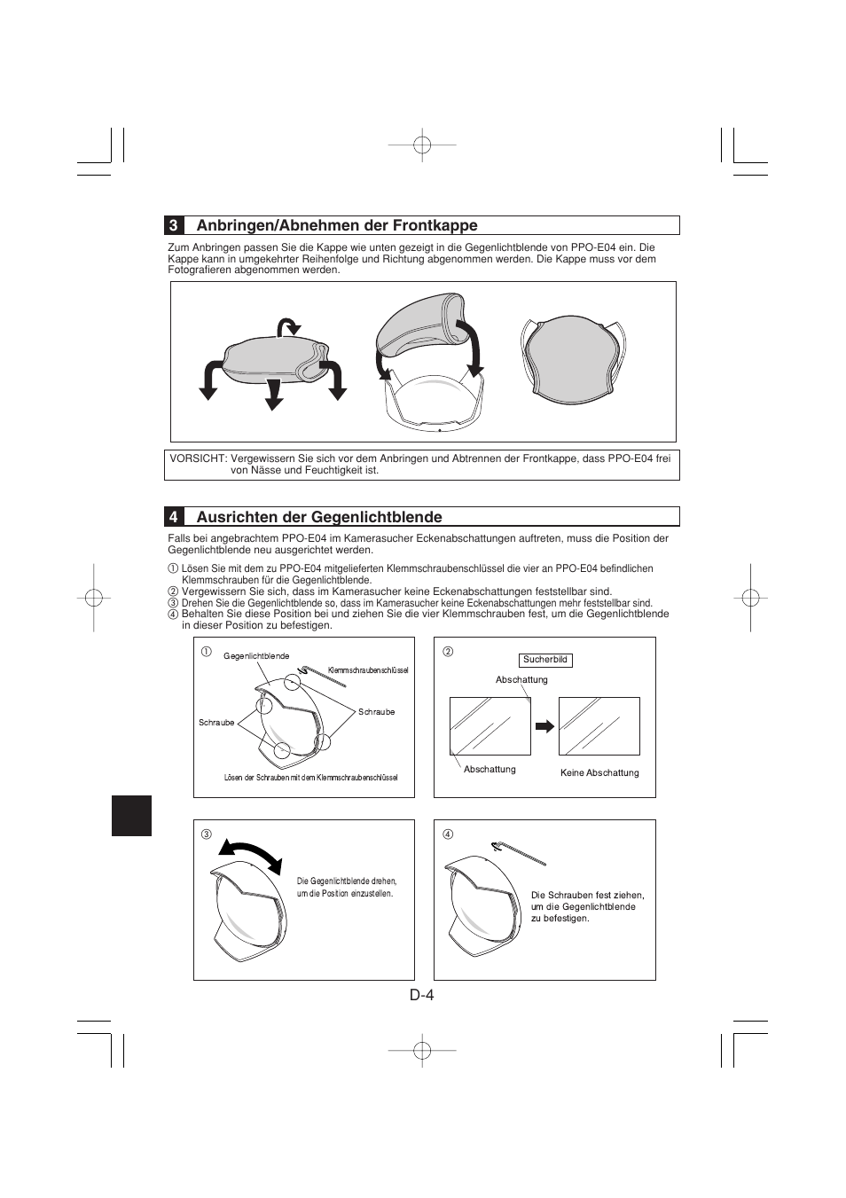 D-4 3 anbringen/abnehmen der frontkappe, 4ausrichten der gegenlichtblende | Olympus PPO-E04 User Manual | Page 38 / 80