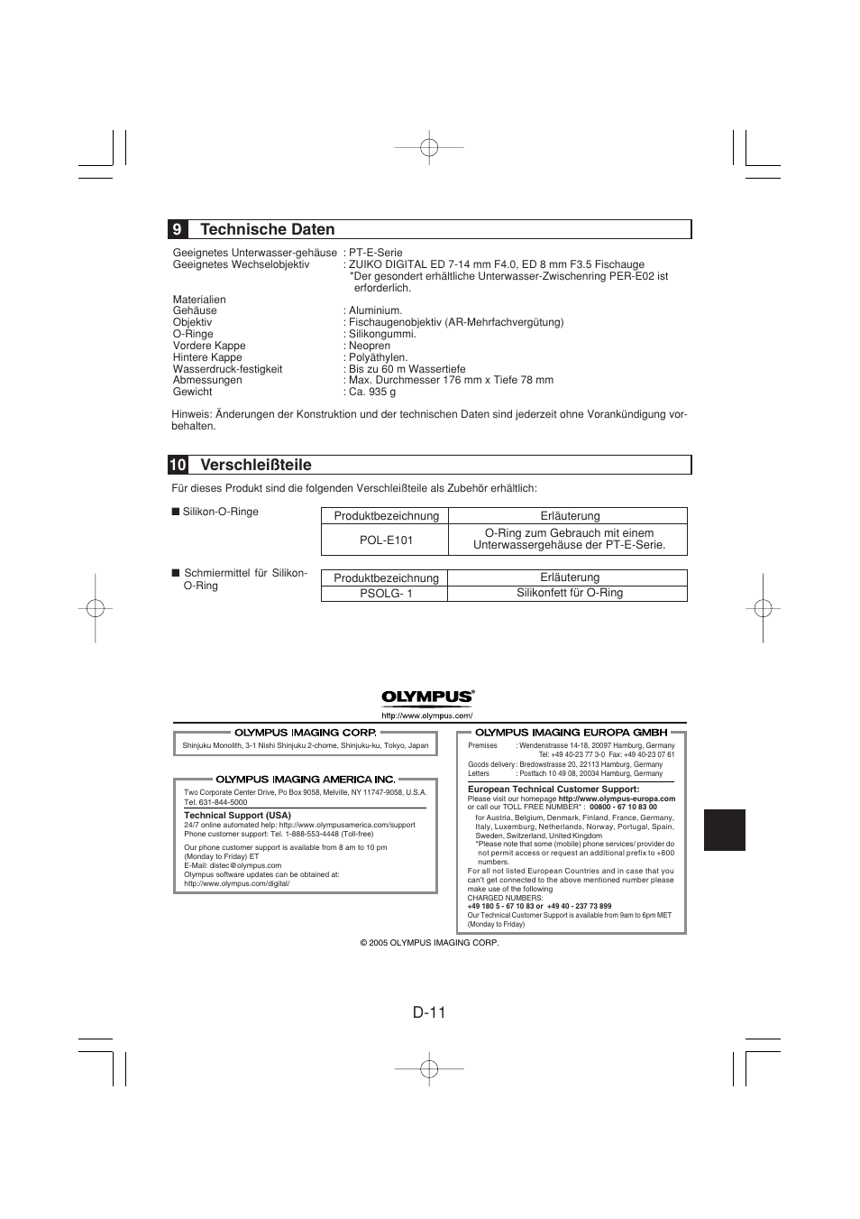 D-11, 9technische daten, 10 verschleißteile | Olympus PPO-E04 User Manual | Page 45 / 80